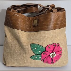 Harve Benard Large Shoulder Bag Raffia Floral Embellishment Gold Hardware